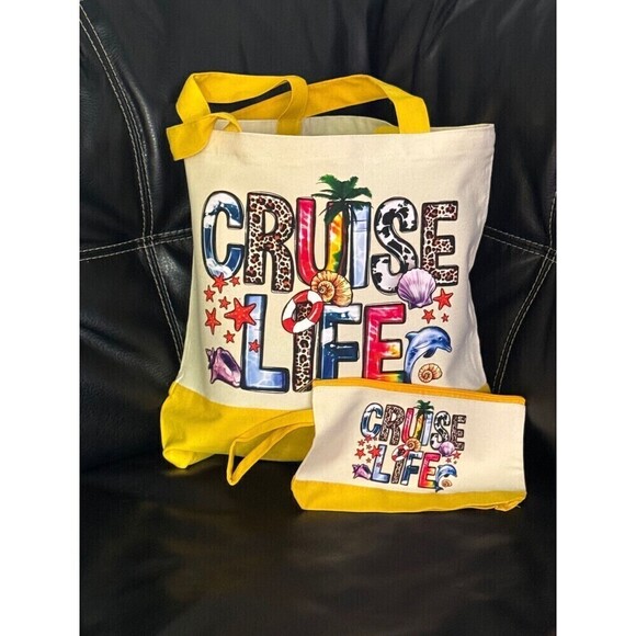 Cruise Life Canvas Tote Bag with Zipper Cosmetic Bag - Picture 1 of 1